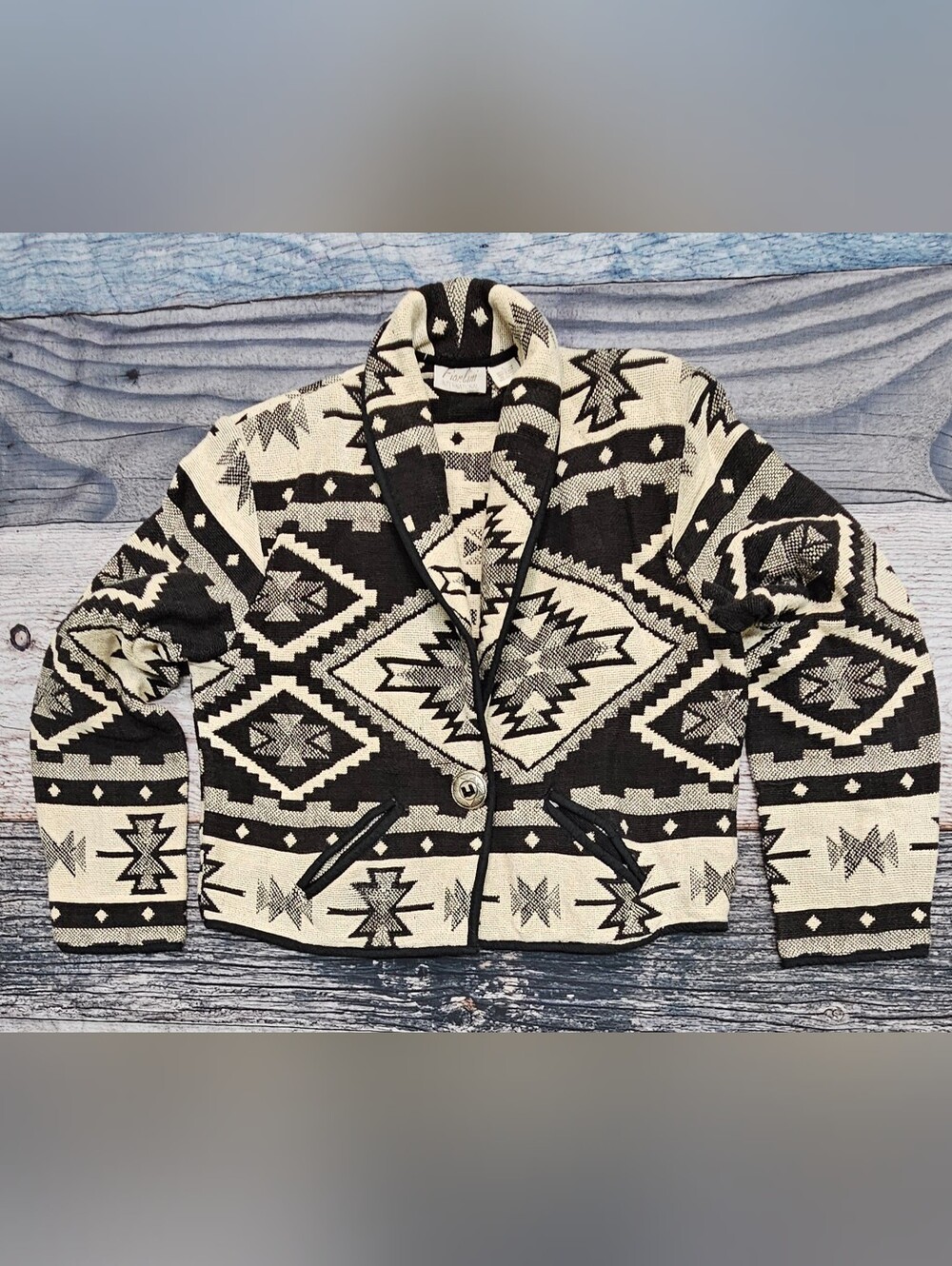 Vintage Fiorlini International Tribal Southwestern Knit Tapestry Jacket Size L